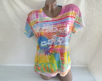 90s Vintage Womens Rainbow Tie Dye Top/Tee Short Sleeve. Size M.