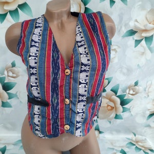 90s Vintage women&#39;s tapestry striped boho cropped vest with button pockets. Size S-M.