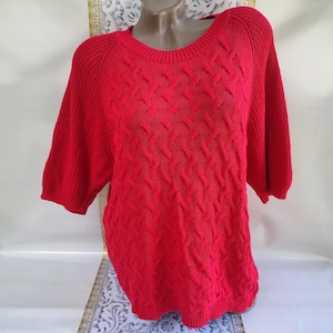 90s Vintage Cotton Women's Red Chunky Knit Sweater/Pullover Short Sleeve. Size L-XL.