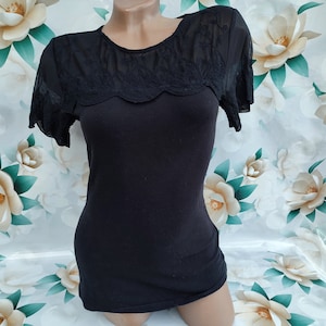 90s Vintage women&#39;s black transparent top with lace. Size XS-S.