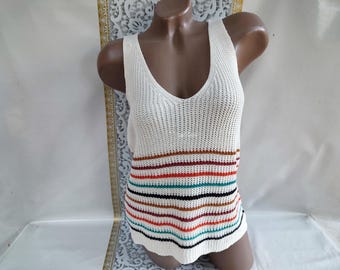 90s Women's White Knit Striped Tank Top. Sizes S-M.