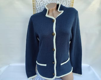 90er Jahre Vintage Wolle Acryl Damen Blau Chanel Strickjacke Langarm. Grösse M.