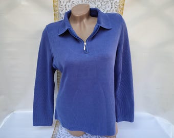 90s Vintage Women's Blue Ribbed Pullover Zip Neck Long Sleeve. Size M-L.
