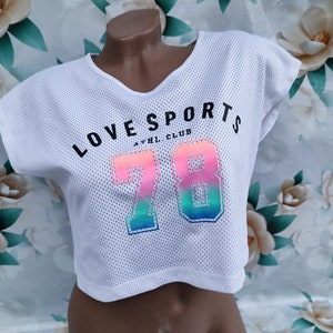 90s Vintage women's white mesh athletic crop top with neon print 78. Size S-M.