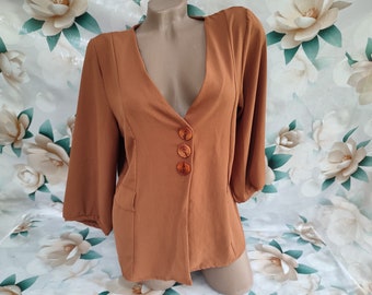 90s Vintage Women's Terracotta Blouse V-neck Half Sleeve. Size L.