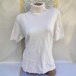 90er Jahre Vintage Damen Weiß Rollkragenpullover High Neck Kurzarm. Größe L-XL.