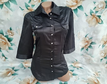 90s Vintage Women's Black Satin Formal Half Sleeve Blouse. Size S.