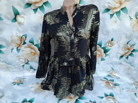 90s Vintage viscose women's black and gold blouse… - image 2