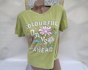 90s Vintage Cotton Women's Green Printed Top Short Sleeve. Size S-M.