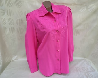 80s Vintage Women Pink Formal Blouse Long Sleeve. Size L.