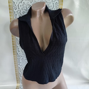 90s Vintage Viscose Women&#39;s Black Deep V Crop Top With Collar Sleeveless. Size S-M.