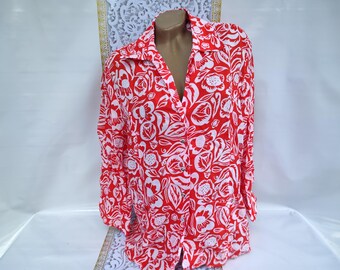 Chemisier Vintage Femme Manches 3/4 Floral Rouge - Taille UK 12 (M) - État Très Bon