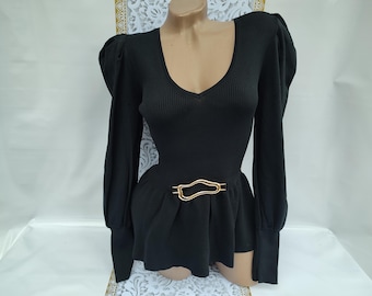 90s Vintage Womens Black V-neck Tie Sweater/pullover Long Sleeve