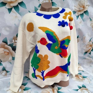 90s Vintage Oversized Floral Sweater with Pompoms (L-XL) image 3