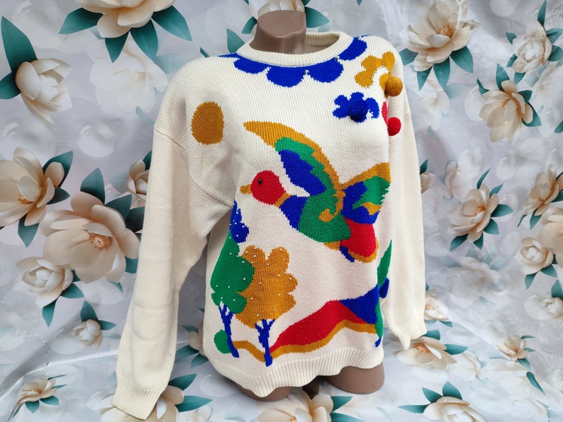 90s Vintage Oversized Floral Sweater with Pompoms (L-XL) image 3