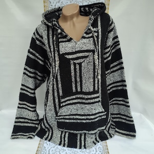 90s Vintage Women&#39;s Black Gray Striped Hooded Burlap Poncho Long Sleeve. Size XL-2XL.