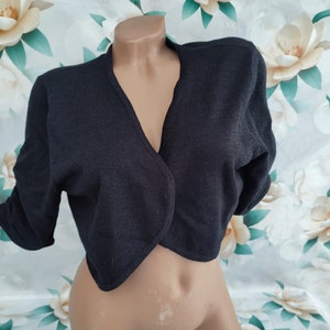 90s Vintage women&#39;s black shiny cropped bolero short sleeve. Size M-L.