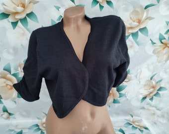 90s Vintage women's black shiny cropped bolero short sleeve. Size M-L.