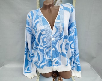 90s Cotton Grandpa Light Blue Abstract Cardigan V-Neck. Size M-L.