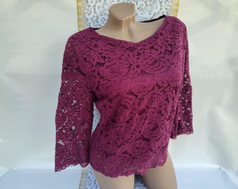 90s Vintage Women's Dressy Purple Lace Top 3/4 Sleeve. Size S-M.