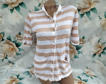 90s Vintage Striped Polo Shirt: Beige & White, Short Sleeve (Size M)