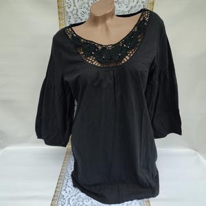 90s Vintage Cotton Women&#39;s Black Lace Boho Blouse 3/4 Sleeve. Size M-L.