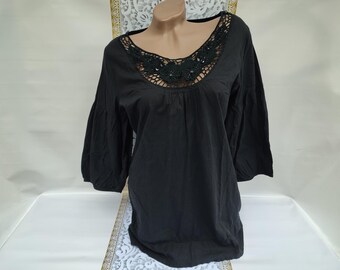 90s Vintage Cotton Women's Black Lace Boho Blouse 3/4 Sleeve. Size M-L.