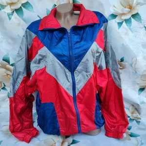 90s Vintage color block nylon women&#39;s/men&#39;s oversized windbreaker jacket with zipper. Size M-L.
