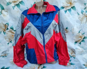 Veste coupe-vent oversize en nylon color block vintage des années 90 pour femmes/hommes avec fermeture à glissière. Taille M-L.