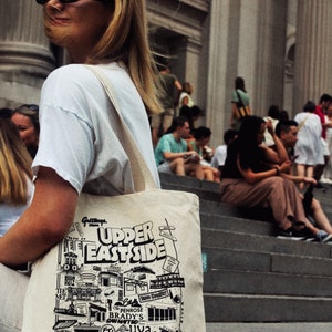May include: A beige tote bag with a black and white graphic of the Upper East Side of New York City. The bag features illustrations of landmarks and the text "Greetings from Upper East Side". The bag has a shoulder strap.