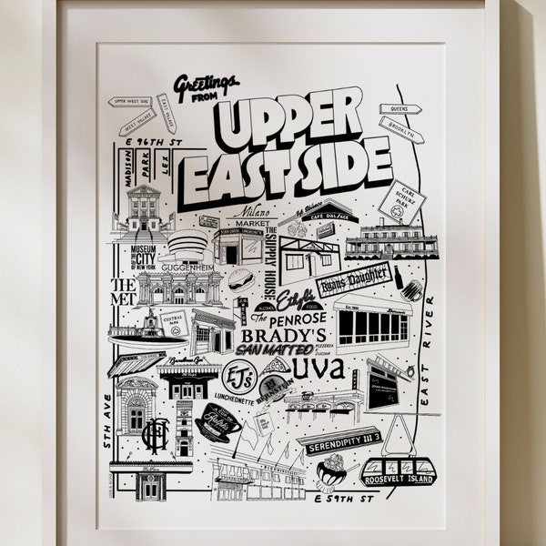 Hand-Drawn Upper East Side NYC Wall Art with Neighborhood Institutions