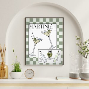 Handgetekende Martini kunst aan de muur | Barwagen kunst | Retro cocktailprint