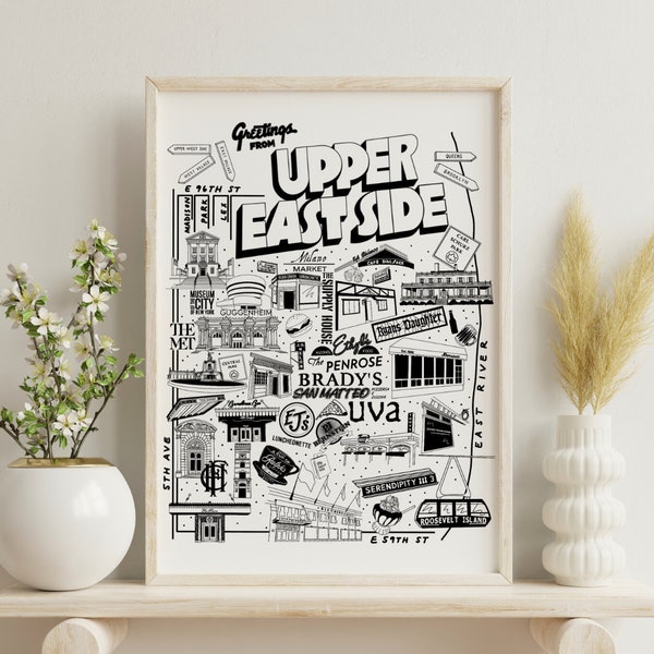 DIGITAL DOWNLOAD | Hand-Drawn Upper East Side NYC Wall Art with Neighborhood Institutions