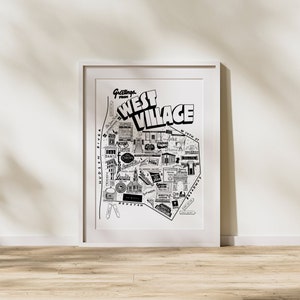 Hand-Drawn West Village NYC Wall Art with Neighborhood Institutions
