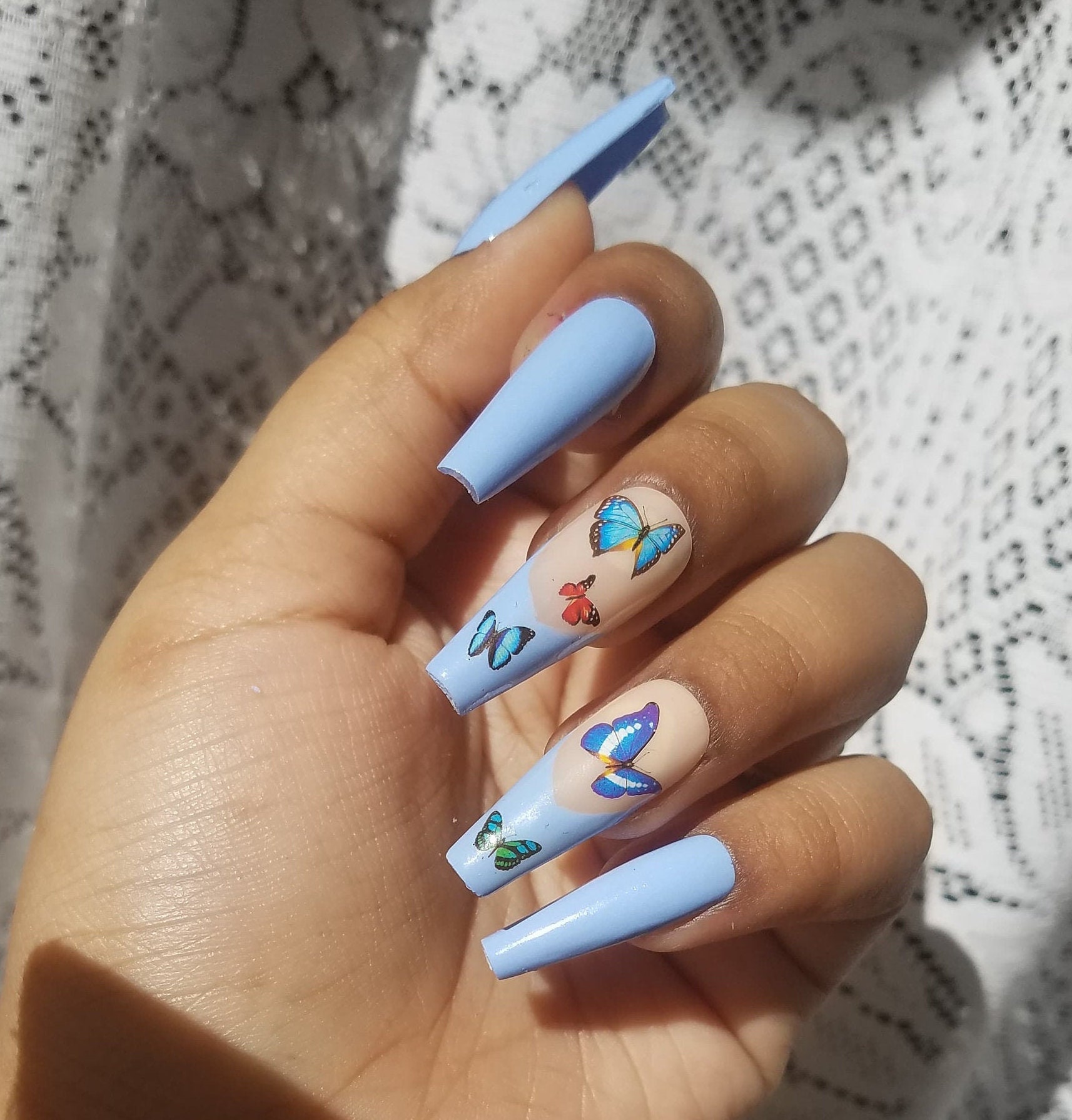 Box False Nails With Blue Butterfly Designs Long Coffin Ballerina Fake Nails Artificial Nail Art