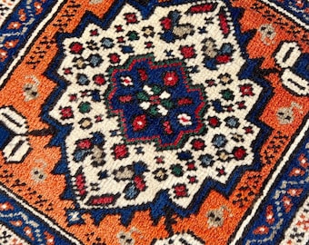 Vintage Turkish Wool Rug, Small Orange Tribal Rug, Hand-Knotted Square Accent Rug