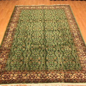 7x9 ft Green floral pattern vintage Turkish Oushak rug, hand knotted soft organic wool rug, bohemian & rustic home decor living room rug,