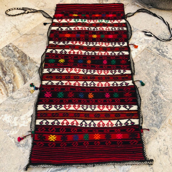 Rare Old Turkish Kilim Bag: Vintage Tribal Grain Sack, Tapestry Cushion Cover