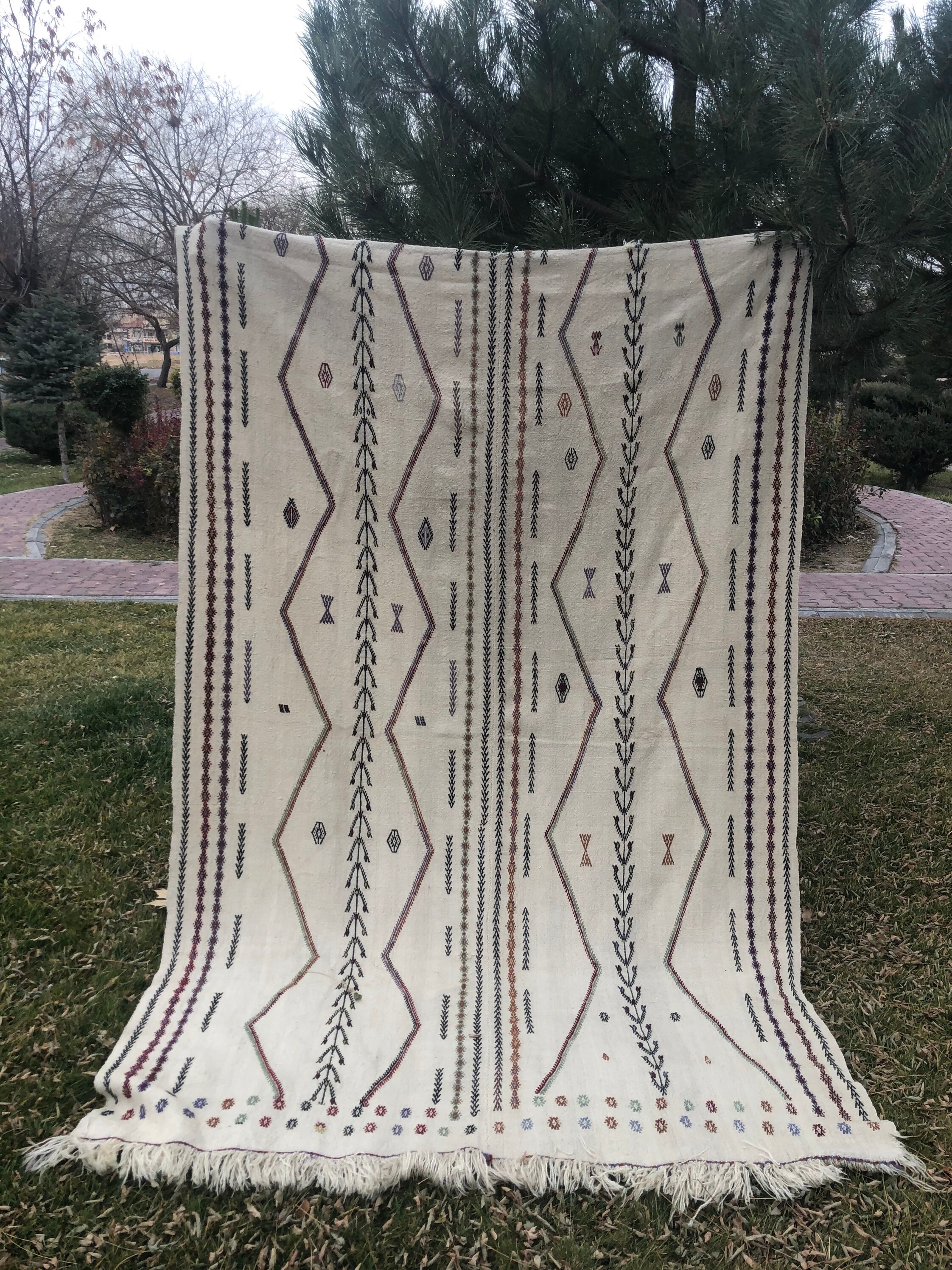 Ivory hemp rug , white embroidered vintage organic boho rug , Turkish