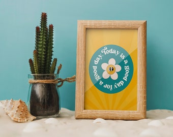 Aujourd’hui, une bonne journée pour une bonne journée, imprimé rétro jaune et turquoise, imprimés funky, décor original, impression numérique, ambiance des années 90, imprimé smiley fleur emoji