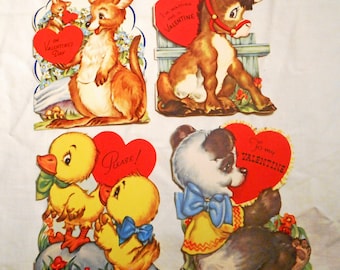 Lot of 4 Vintage 1947 Valentines Cards by Charles Christian Culp Animals Duck Panda NO Envelopes