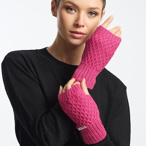 100% luvas de alpaca para bebês, aquecedores de pulso, luvas de malha com padrão aran, luvas femininas fúcsia, luvas sem dedos, feitas à mão