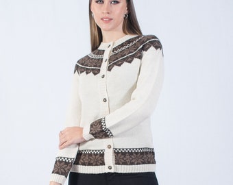 Baby alpaca jacquard cardigan, handmade knitted sweater, women's cardigan with buttons, classic cream brown jacket, coat made in Peru