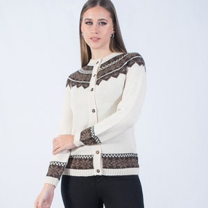 Baby alpaca jacquard cardigan, handmade knitted sweater, women's cardigan with buttons, classic cream brown jacket, coat made in Peru image 1