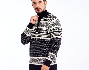 Baby alpaca jacquard sweater, turtleneck zipper sweaters, cream black men's sweater, handmade winter jacket, gift