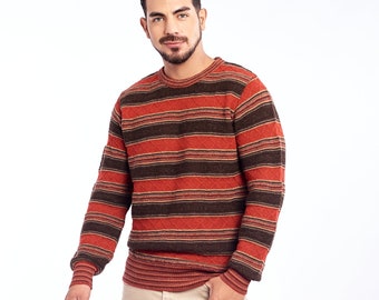 Baby alpaca sweater, knitted jacquard sweaters, multicolored round neck sweater, classic men's sweater, handmade Peruvian alpaca sweater