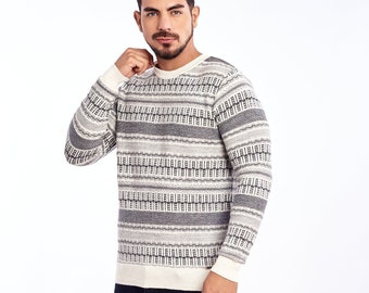 Baby alpaca jacquard sweater, knitted sweaters, multicolored round neck sweater, classic men's pullover, autumn winter sweater, handmade