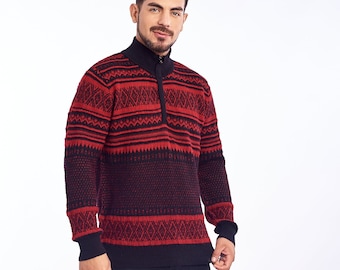 Baby alpaca jacquard sweater, turtleneck zipper pullovers, men's black and red sweater, Peruvian alpaca jacket, handmade sweater