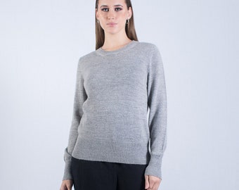 Baby alpaca sweater, plain round neck sweater, gray pullover, autumn winter jumper, knitted sweater, classic women's sweater, handmade