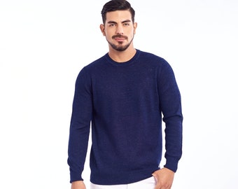 Baby alpaca sweater, knitted pullover, classic men's sweater, melange blue sweaters, round neck jumper, autumn winter sweater, gift